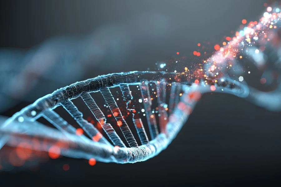 abstract representation of a DNA strand with glowing particles